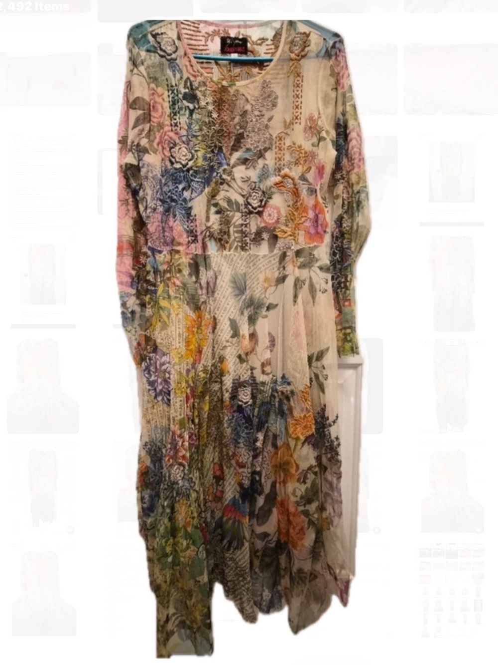 Johnny Was STUNNING Floral Multicolor Long Sleeve MIDI Dress - Cream Base